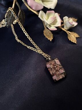 925 Sterling Silver Necklace with Pink Floral Rectangle Pendant